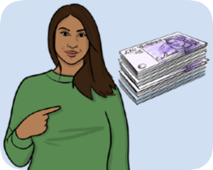 A woman pointing to a stack of back notes