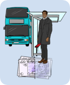 A man waiting at the bus stop for an approaching bus. There are bank notes underneath him