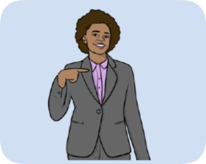 A woman in a suit pointing to herself