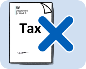 A booklet with the word tax on the front. There is a blue cross over the right side of the booklet