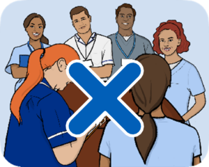 People discussing around a table, there is a large blue cross over the image